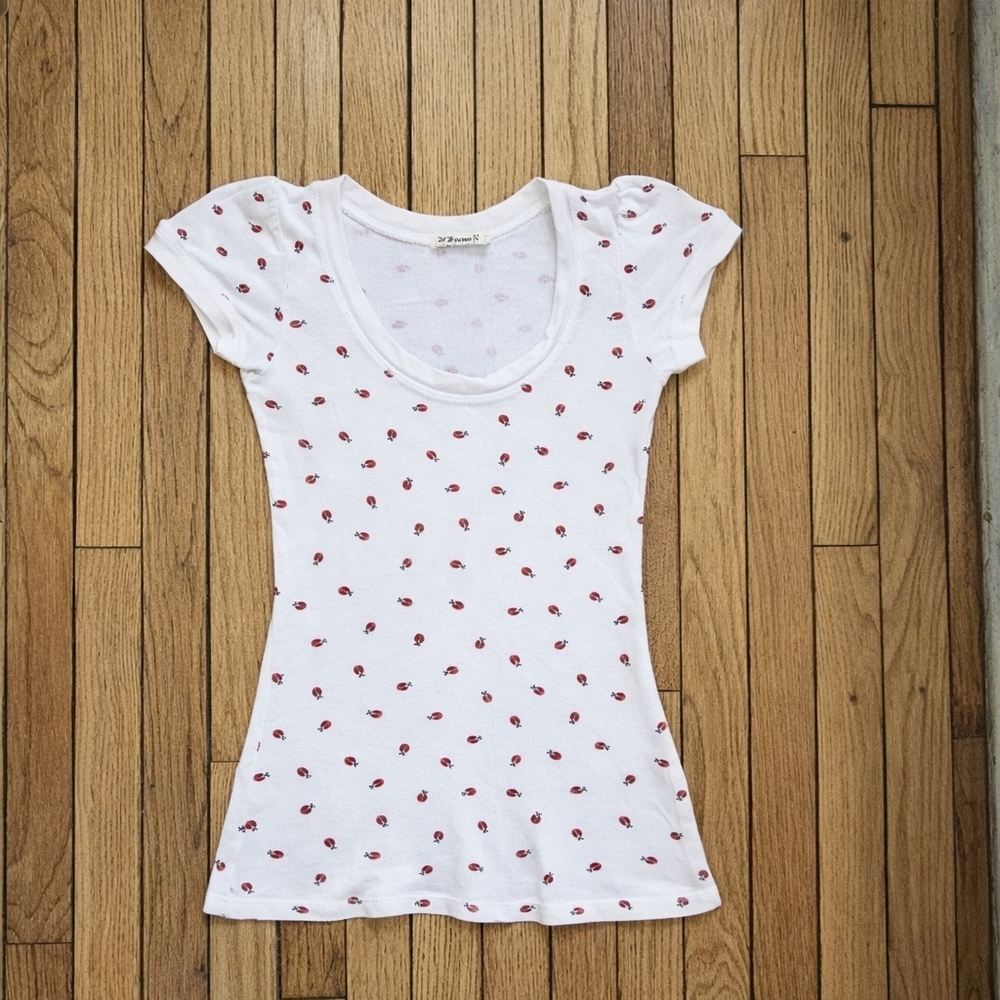 VINTAGE Forever 21 White And Red Ladybug Scoop Neckline Shirt